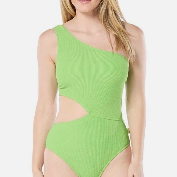 NWT Michael Kors Women's One-Shoulder Side-Cutout Swimsuit Apple Green size 12 - Picture 1 of 8